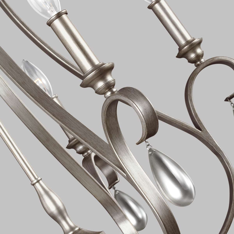 Close-up detail of the DeWitt 5 Light Candle Chandelier in sunrise silver (2)