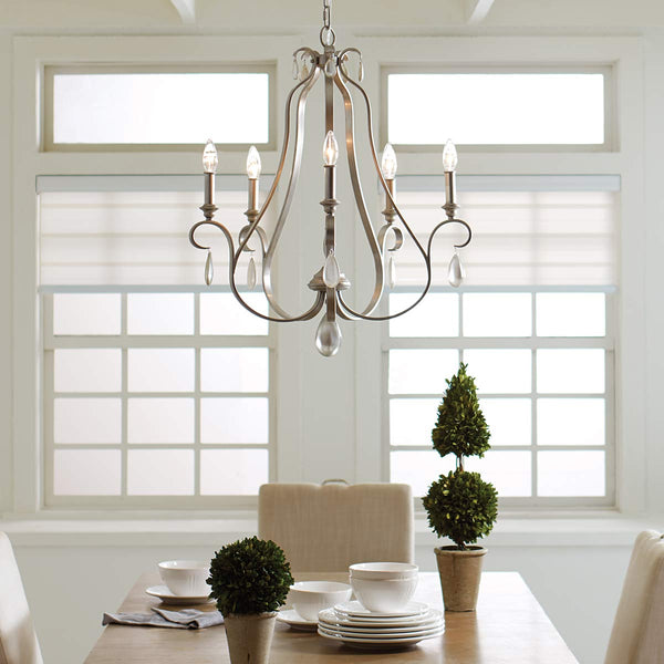 Feiss DeWitt 5 Light Candle Chandelier in sunrise silver in a styled room setting