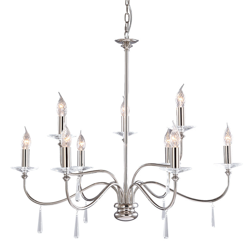 The Elstead Finsbury Park nine-light large chandelier finished in polished nickel, a stunning traditional chandelier, with graceful upswept curved arms. Heavy-cut clear glass sconces, hand-cut glass drops, and matching candle tubes complete this classic light fitting. 