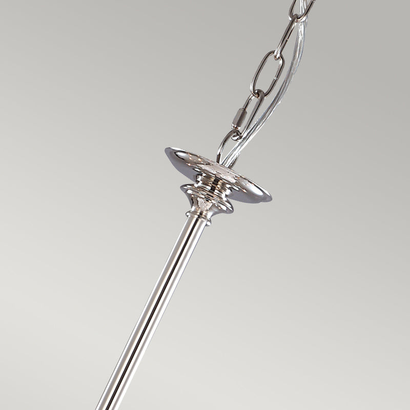 The Elstead Finsbury Park nine-light large chandelier finished in polished nickel, a stunning traditional chandelier, with graceful upswept curved arms. Heavy-cut clear glass sconces, hand-cut glass drops, and matching candle tubes complete this classic light fitting. 