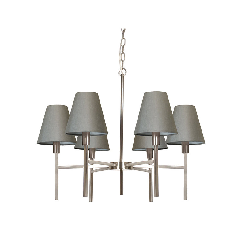 This Elstead Lucerne 6 light chandelier in brushed nickel finish with grey shades is sleek and contemporary. Featuring a ceiling mount, chain suspension, and drop rod, with a lower gallery and six straight arms, with upright stems, bright nickel lamp holders, and grey cone shades. Ideal for a bright and airy dining room, hallway, bedroom, or living room ceiling.