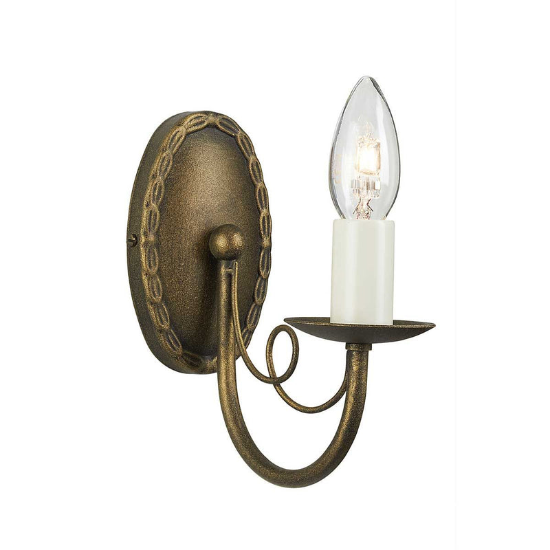 Elstead Minster 1 Light Wall Light in black and gold patina, featuring elegant drapes. Compact steel design, dimmable, and compatible with optional glass shades.