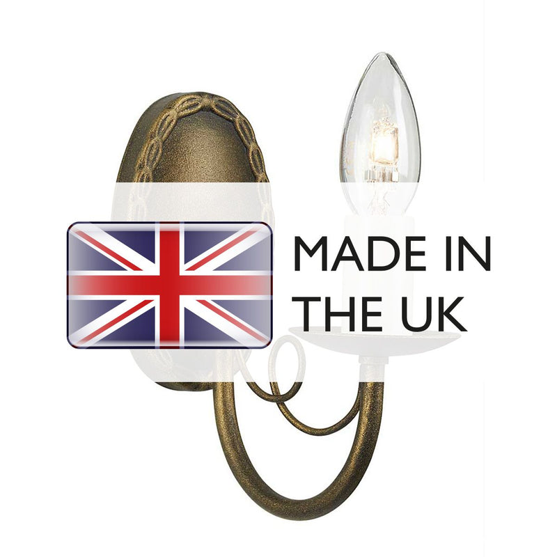 Elstead Minster 1 Light Wall Light in black and gold patina, featuring elegant drapes. Compact steel design, dimmable, and compatible with optional glass shades.