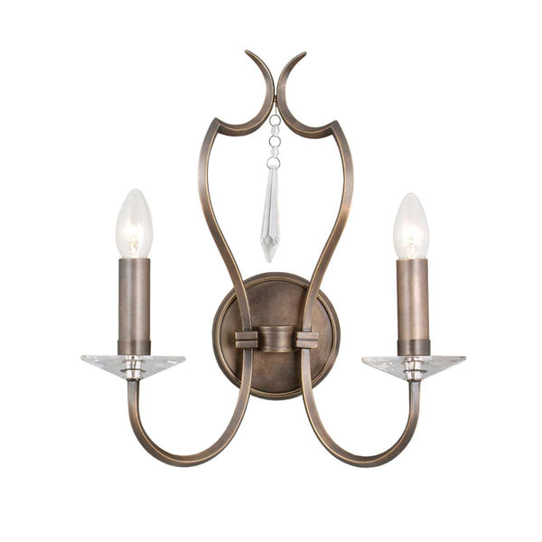 Pimlico 2 Light Wall Light in dark bronze with crystal sconces and droplets, featuring solid brass elements for a sophisticated design.