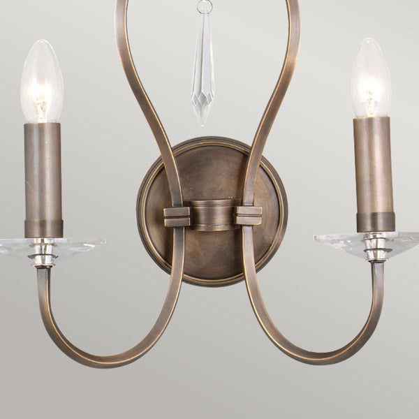 Pimlico 2 Light Wall Light in dark bronze with crystal sconces and droplets, featuring solid brass elements for a sophisticated design.