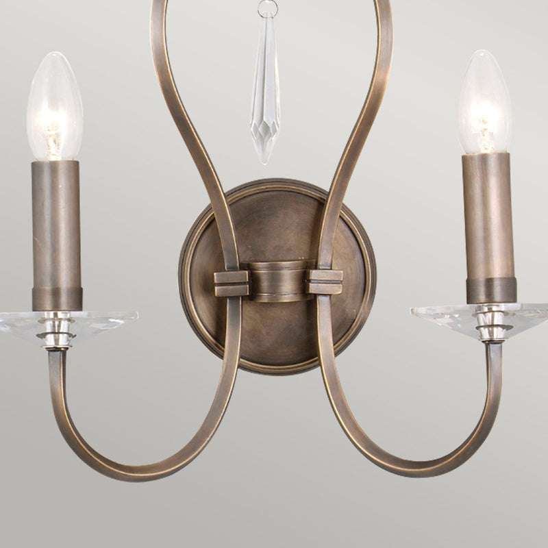 Pimlico 2 Light Wall Light in dark bronze with crystal sconces and droplets, featuring solid brass elements for a sophisticated design.
