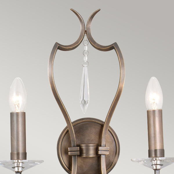 Pimlico 2 Light Wall Light in dark bronze with crystal sconces and droplets, featuring solid brass elements for a sophisticated design.