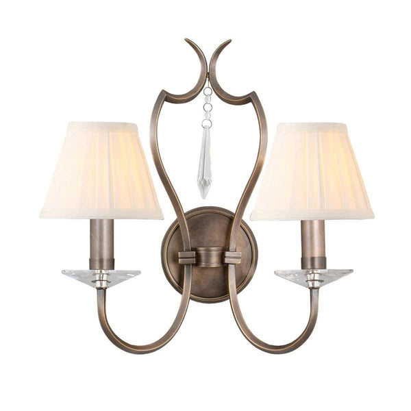 Pimlico 2 Light Wall Light in dark bronze with crystal sconces and droplets, featuring solid brass elements for a sophisticated design.