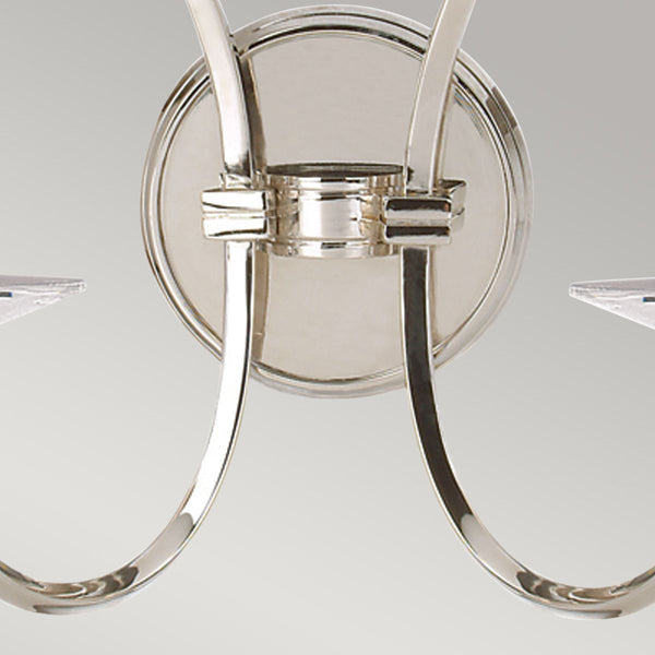 Elstead Pimlico 2 Light Wall Light in polished nickel, featuring a sleek finish, elegant cut-glass sconces, and a high-quality brass and crystal build for a timeless look.