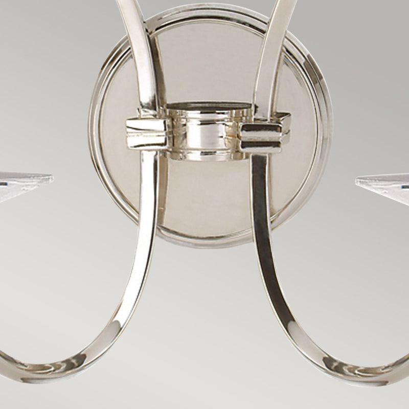 Elstead Pimlico 2 Light Wall Light in polished nickel, featuring a sleek finish, elegant cut-glass sconces, and a high-quality brass and crystal build for a timeless look.