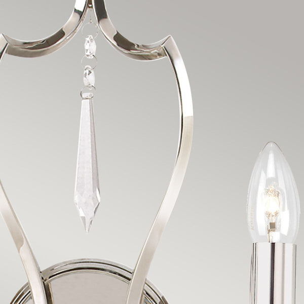 Elstead Pimlico 2 Light Wall Light in polished nickel, featuring a sleek finish, elegant cut-glass sconces, and a high-quality brass and crystal build for a timeless look.