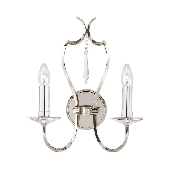 Elstead Pimlico 2 Light Wall Light in polished nickel, featuring a sleek finish, elegant cut-glass sconces, and a high-quality brass and crystal build for a timeless look.