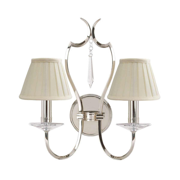 Elstead Pimlico 2 Light Wall Light in polished nickel, featuring a sleek finish, elegant cut-glass sconces, and a high-quality brass and crystal build for a timeless look.