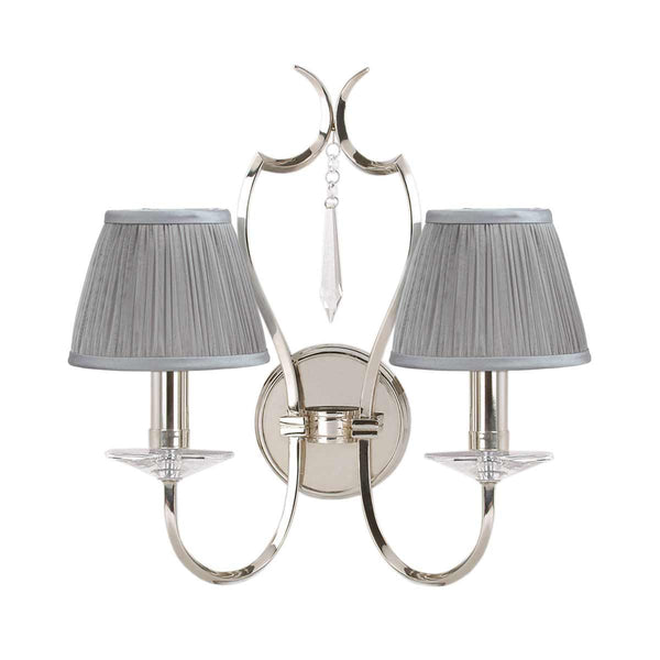 Elstead Pimlico 2 Light Wall Light in polished nickel, featuring a sleek finish, elegant cut-glass sconces, and a high-quality brass and crystal build for a timeless look.