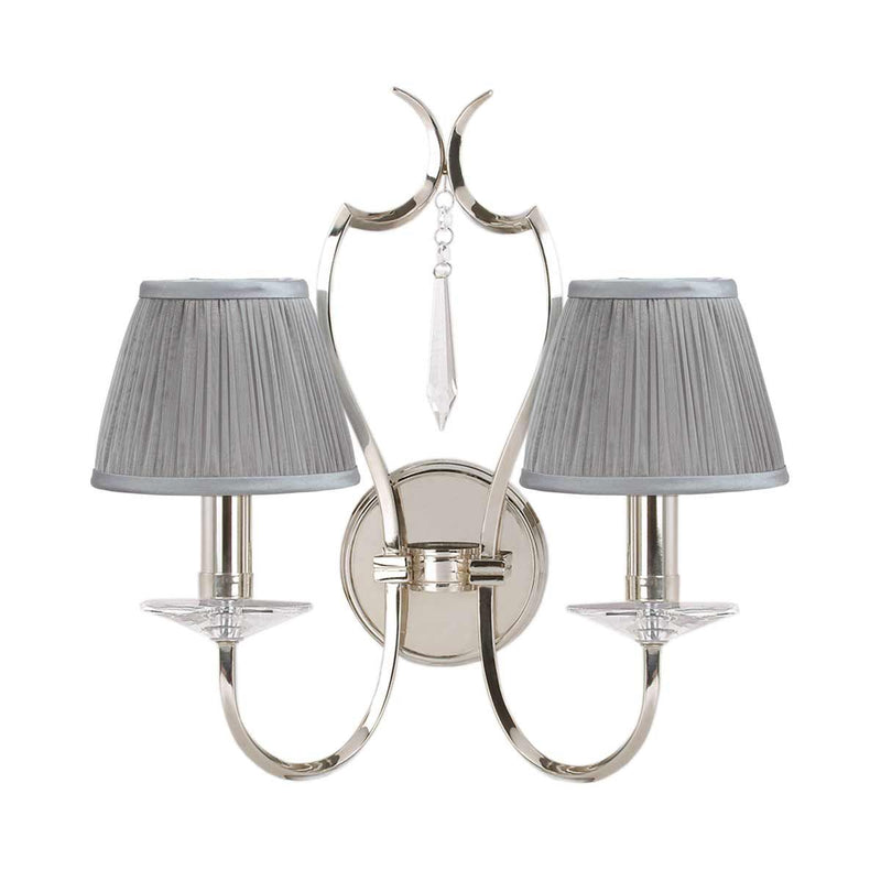 Elstead Pimlico 2 Light Wall Light in polished nickel, featuring a sleek finish, elegant cut-glass sconces, and a high-quality brass and crystal build for a timeless look.