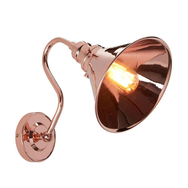Elstead Provence 1 Light Wall Light in polished copper, inspired by mid-1900s French designs. Features an adjustable knuckle for directional lighting, vintage aesthetics, and a durable mild steel build.