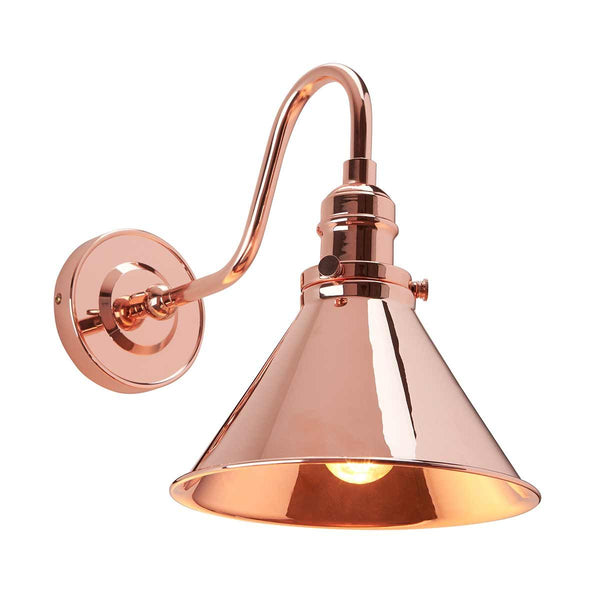 Elstead Provence 1 Light Wall Light in polished copper, inspired by mid-1900s French designs. Features an adjustable knuckle for directional lighting, vintage aesthetics, and a durable mild steel build.