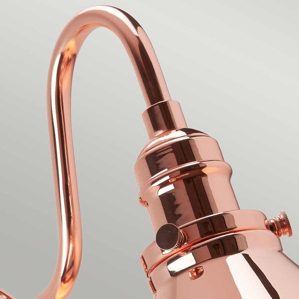 Elstead Provence 1 Light Wall Light in polished copper, inspired by mid-1900s French designs. Features an adjustable knuckle for directional lighting, vintage aesthetics, and a durable mild steel build.