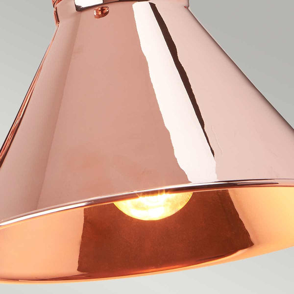 Elstead Provence 1 Light Wall Light in polished copper, inspired by mid-1900s French designs. Features an adjustable knuckle for directional lighting, vintage aesthetics, and a durable mild steel build.