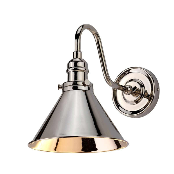 Elstead Provence 1 Light Wall Light in polished nickel, inspired by mid-1900s French designs. Features an adjustable knuckle for directional lighting, elegant aesthetics, and durable steel construction.