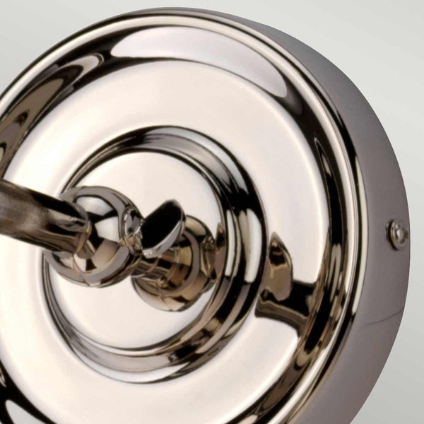 Elstead Provence 1 Light Wall Light in polished nickel, inspired by mid-1900s French designs. Features an adjustable knuckle for directional lighting, elegant aesthetics, and durable steel construction.