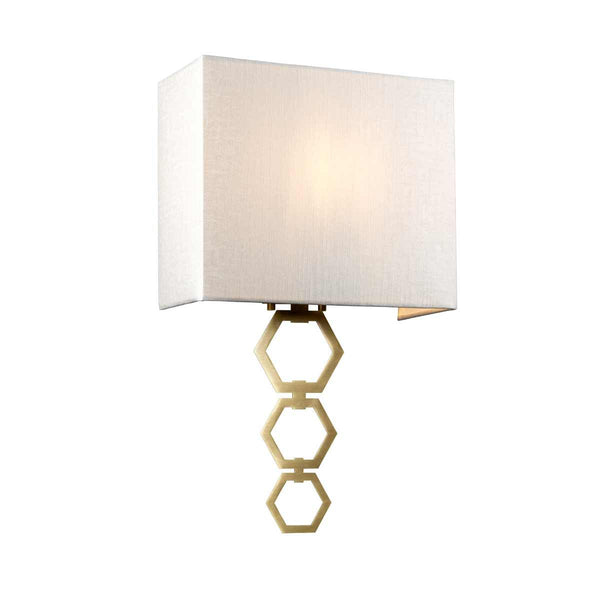 Elstead Ria Medium 1 Light Wall Light in aged brass with a handcrafted ivory faux silk shade. Features a refined octagonal finial and dimmable functionality for elegant interiors.