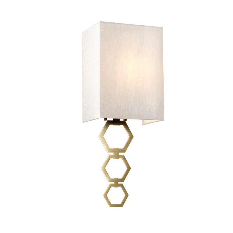 Elstead Ria Small 1 Light Wall Light in aged brass, featuring a handcrafted ivory faux silk shade and an elegant octagonal finial. Compact design with dimmable functionality for stylish interiors.