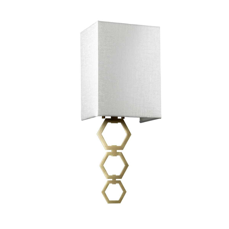 Elstead Ria Small 1 Light Wall Light in aged brass, featuring a handcrafted ivory faux silk shade and an elegant octagonal finial. Compact design with dimmable functionality for stylish interiors.