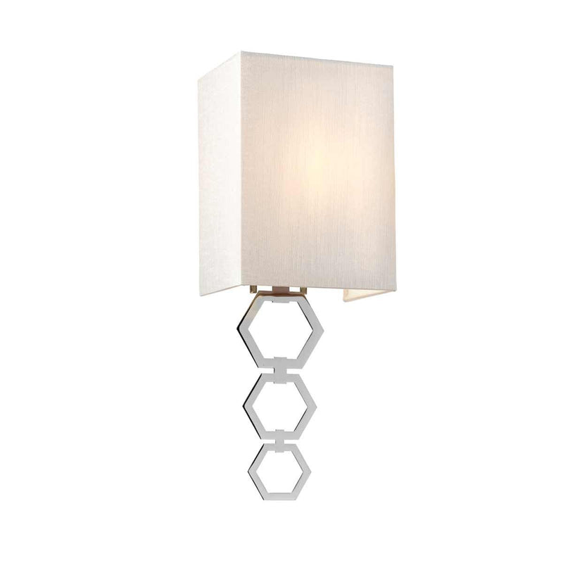 Elstead Ria Small 1 Light Wall Light in polished chrome, featuring a handcrafted ivory faux silk shade and an elegant octagonal finial. A compact and stylish lighting solution with dimmable functionality.