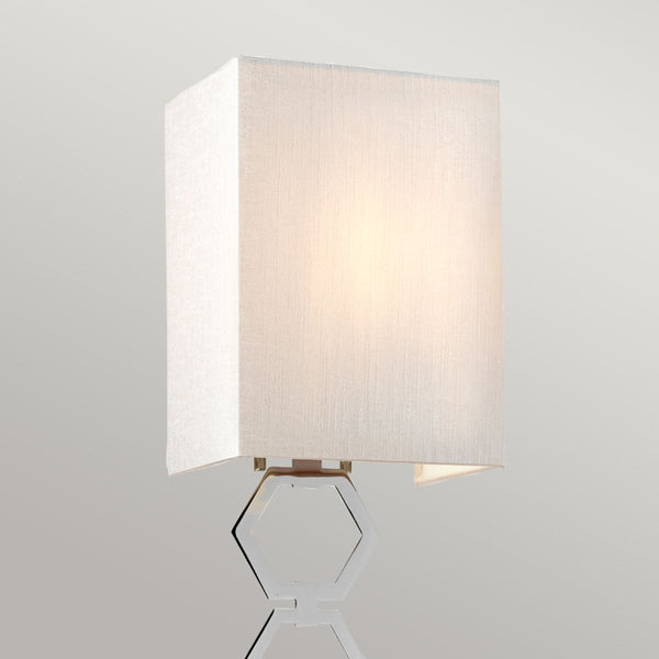 Elstead Ria Small 1 Light Wall Light in polished chrome, featuring a handcrafted ivory faux silk shade and an elegant octagonal finial. A compact and stylish lighting solution with dimmable functionality.