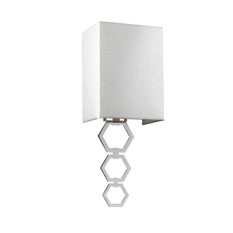 Elstead Ria Small 1 Light Wall Light in polished chrome, featuring a handcrafted ivory faux silk shade and an elegant octagonal finial. A compact and stylish lighting solution with dimmable functionality.