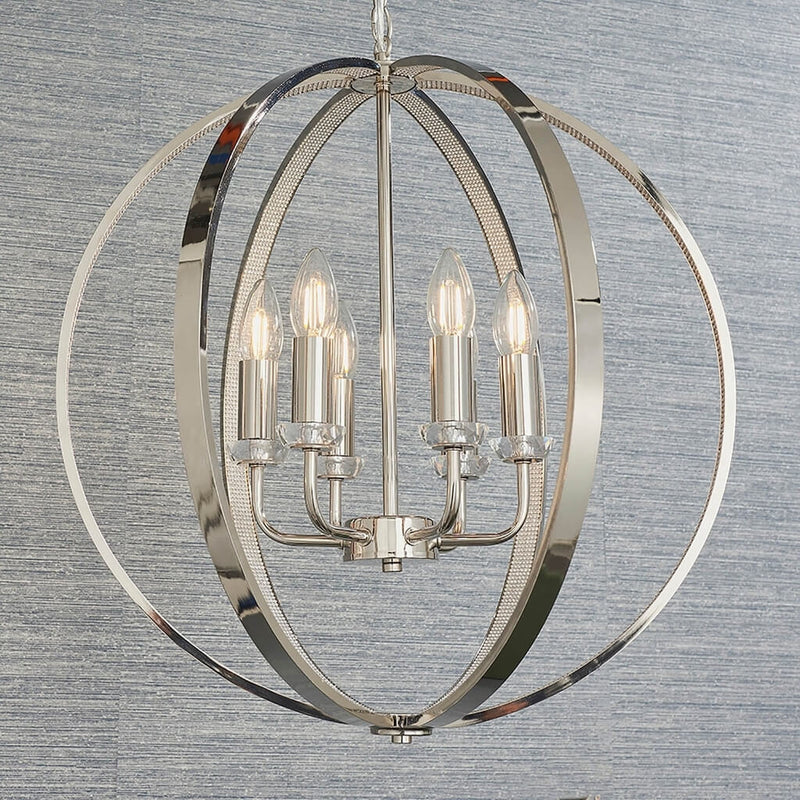 Endon 6 light Ritz pendant candle globe chandelier finished in polished nickel product code 8507