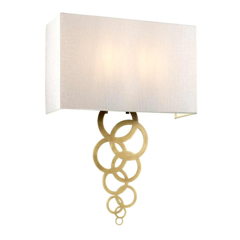 Elstead Rosa Large 2 Light Wall Light in aged brass, featuring a handcrafted ivory faux silk shade and a decorative multi-circle finial. A sophisticated and dimmable lighting solution for elegant interiors.