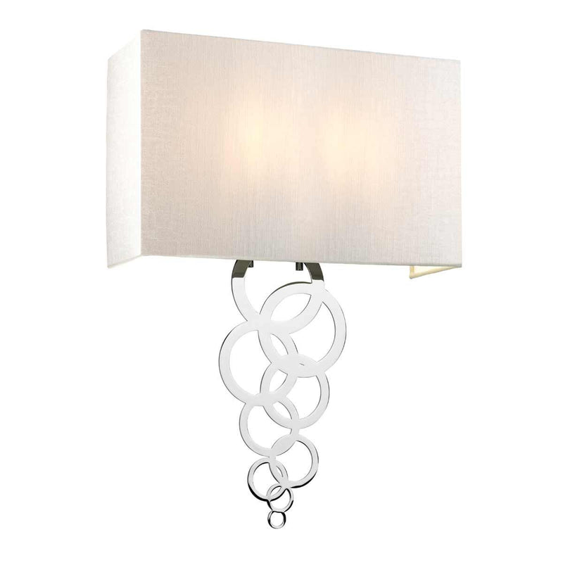 Elstead Rosa Large 2 Light Wall Light in polished chrome, featuring a handcrafted ivory faux silk shade and an elegant multi-circle finial. A luxurious lighting fixture for sophisticated interiors.