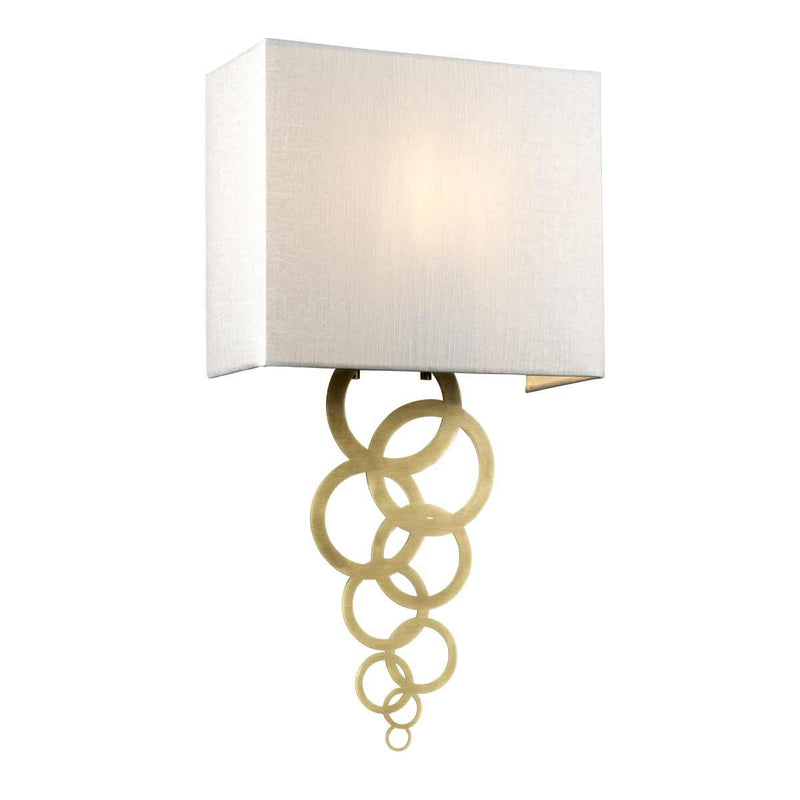 Elstead Rosa Medium 1 Light Wall Light in aged brass, featuring a handcrafted ivory faux silk shade and a multi-circle brass finial. A timeless, elegant lighting fixture for sophisticated interiors.