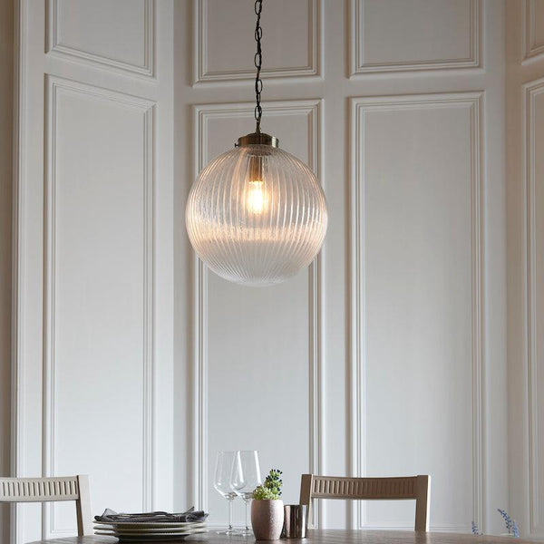 Brydon 1 Light Clear Ribbed Glass & Brass Pendant - 35cm-Ceiling Pendant Lights-Endon Lighting Living Room Lighting Tiffany Lighting Direct