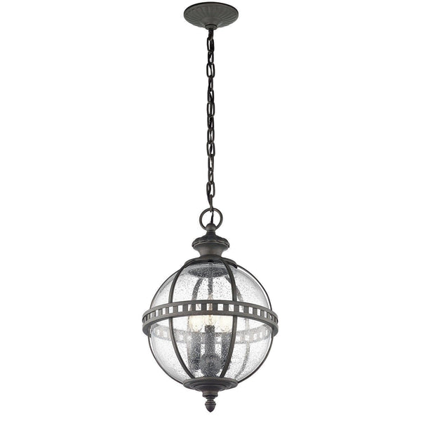 The Elstead Halleron 3 Light Globe Pendant Light in Londonderry Grey features a Victorian-inspired globe frame with a weather-resistant IP44 rating. Its adjustable drop and ornate detailing make it ideal for both indoor and outdoor settings.