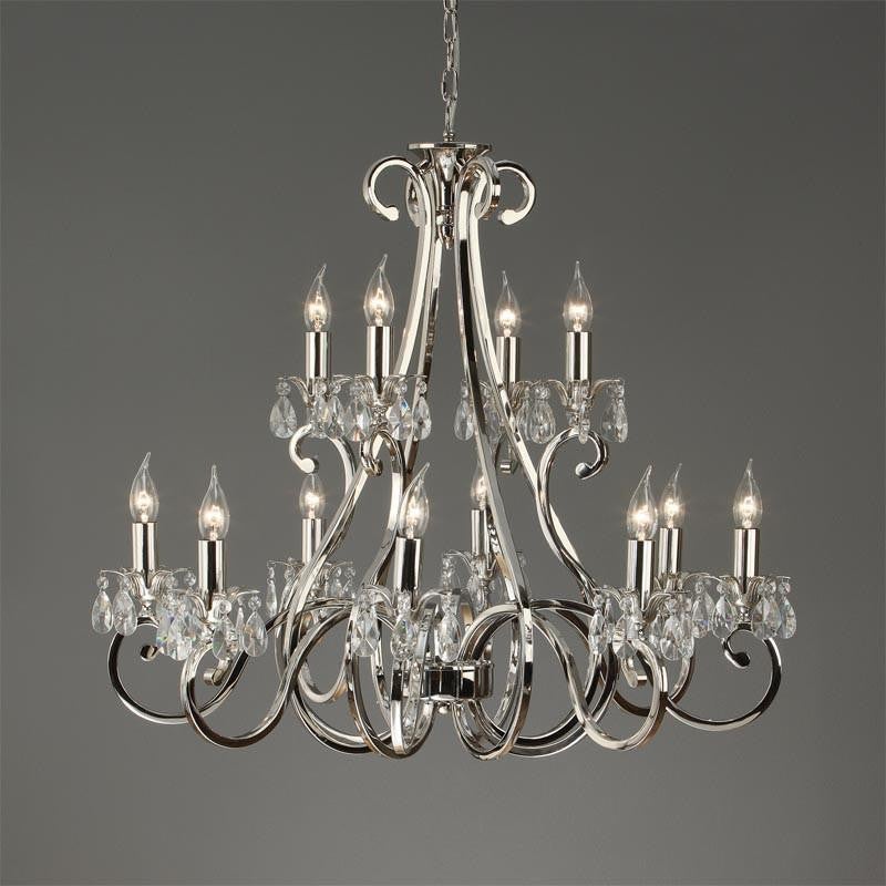 Oksana nickel  polished 12 light Crystal Candle Chandelier Interiors 1900