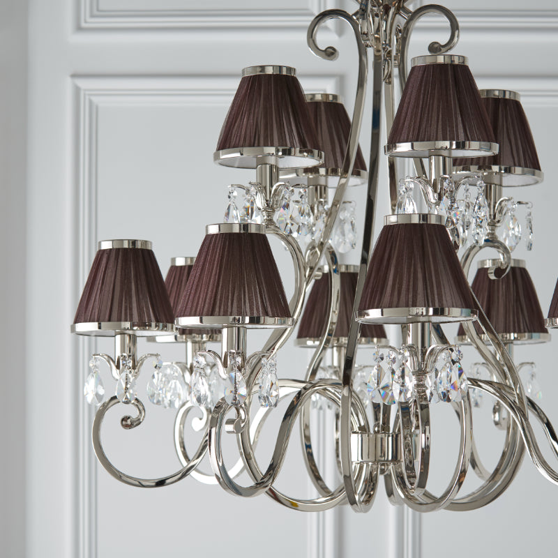 Oskana 12 light pendant candle chandelier with chocolate pleated lamp shades from our Interior 1900