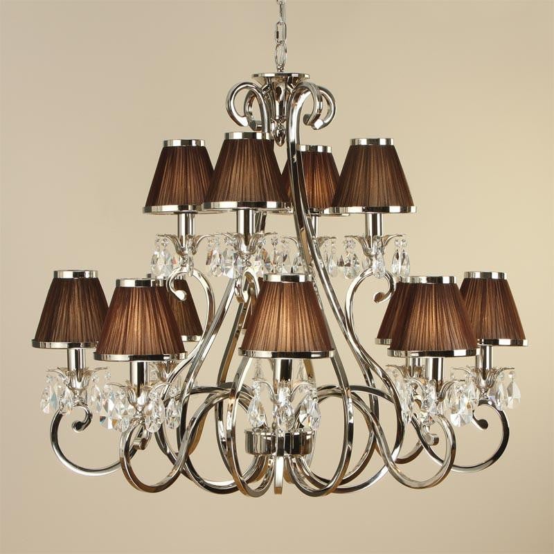 Oskana 12 light pendant candle chandelier with chocolate pleated lamp shades and crystal droplets from our Interior 1900