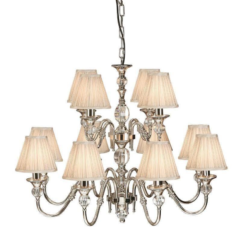 Interiors 1900 Polina 12-Light Chandelier in Polished Nickel with Beige Shades – A luxurious chandelier featuring a polished nickel finish, crystal glass inserts, and beige faux silk shades. Adjustable height (75cm-170cm), dimmable compatibility, and uses 12 x E14 bulbs (not included).