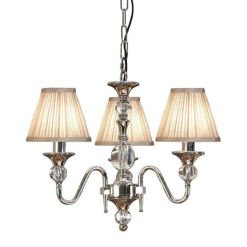 Interiors 1900 Polina 3-Light Crystal Chandelier in Polished Nickel & Beige – A classic chandelier featuring a polished nickel frame, clear crystal accents, and beige faux silk shades. Designed with three lights, adjustable height, and dimmable functionality, it’s ideal for traditional and contemporary interiors. Uses 3 x E14 bulbs (not included).