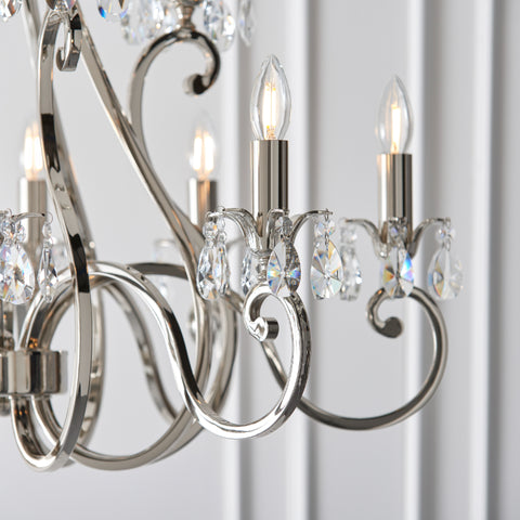 Oksana nickel polished 12 light Crystal Candle Chandelier with crystal droplets Interiors 1900 