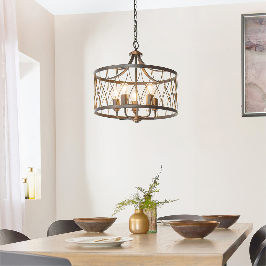 light drum pendant multi arm chandleier finished in matt black with a rustic bronze effect by end on lighting product code 61498