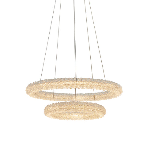 Endon lighting 2 ring 1 light unique chrome plated, double hoop pendant, inspired by the pattern of quickly formed ice crystals. Over 5,000 faceted crystals form this chandelier. Suspended from delicate, height adjustable clear wire cables. Position over dining tables, in bedrooms or as a centre piece in living rooms for an amazing complement to your interior.