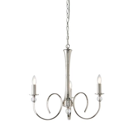 Fabia's stunning 3-light pendant incorporates beautifully curved arms adorned with crystal glass detailing and finished in a polished nickel plate. This stunning piece will add a luxurious feel to any room in your home.   This Fabia stunning 3-light pendant is dimmable and suitable for use with LED bulbs. Supplied complete with fixing accessories.