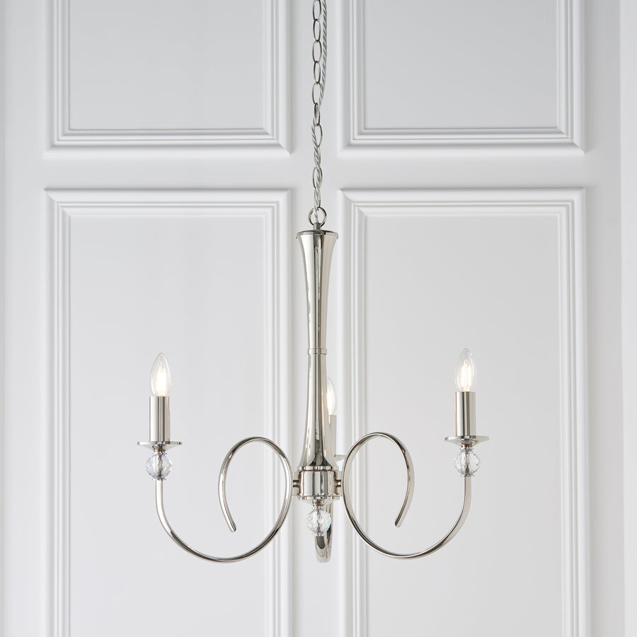 Fabia's stunning 3-light pendant incorporates beautifully curved arms adorned with crystal glass detailing and finished in a polished nickel plate. This stunning piece will add a luxurious feel to any room in your home.   This Fabia stunning 3-light pendant is dimmable and suitable for use with LED bulbs. Supplied complete with fixing accessories.