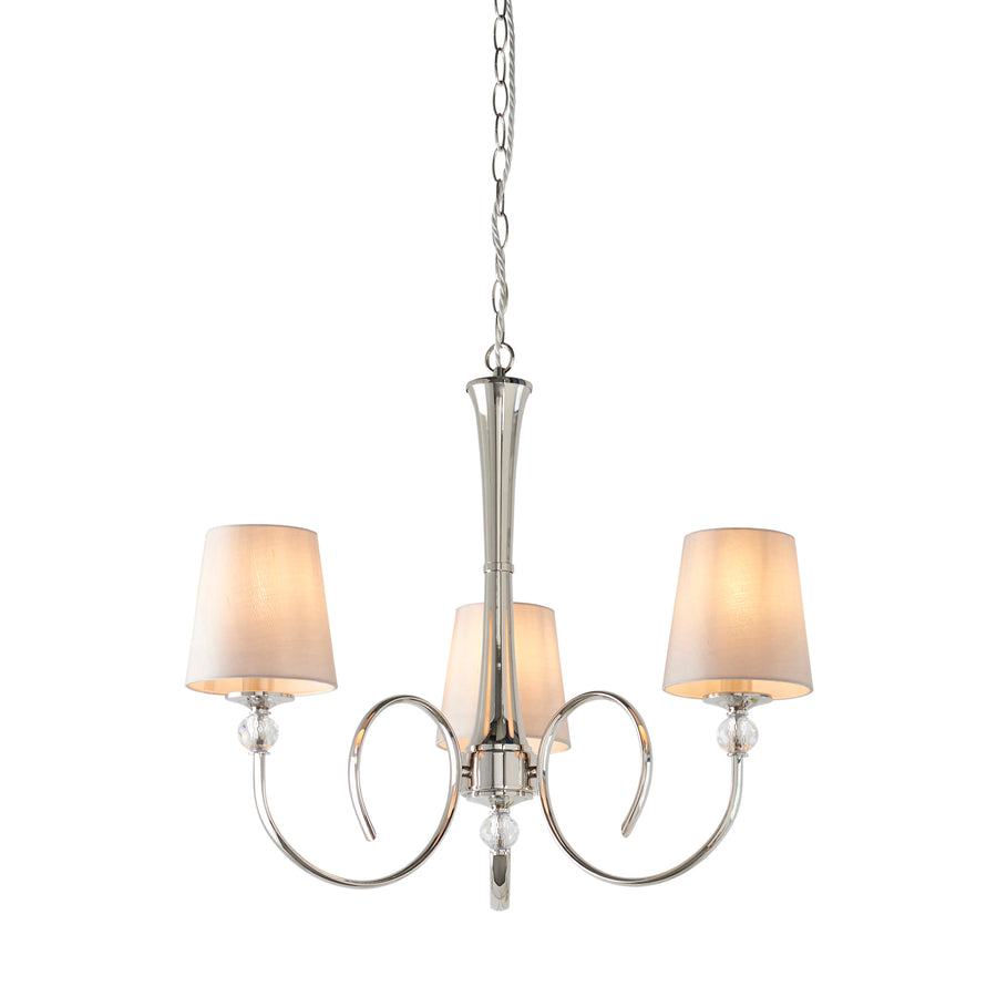 The Fabia 3-light is a stunning pendant candle chandelier incorporating beautifully curved arms adorned with crystal glass detailing and finished in a polished nickel plate. This stunning piece will add a luxurious feel to any room in your home.   This Fabia3-light is dimmable and suitable for use with LED bulbs. Supplied complete with fixing accessories.