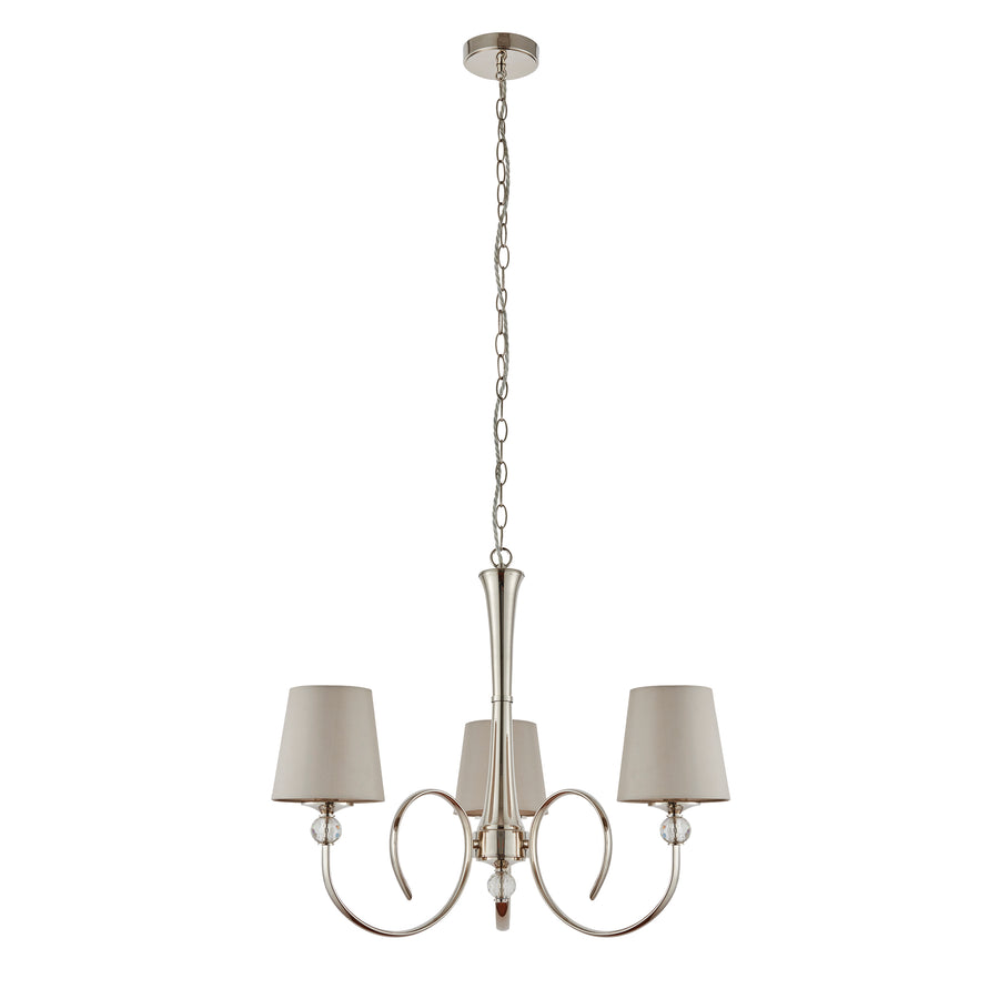 The Fabia 3-light is a stunning pendant candle chandelier incorporating beautifully curved arms adorned with crystal glass detailing and finished in a polished nickel plate. This stunning piece will add a luxurious feel to any room in your home.   This Fabia3-light is dimmable and suitable for use with LED bulbs. Supplied complete with fixing accessories.