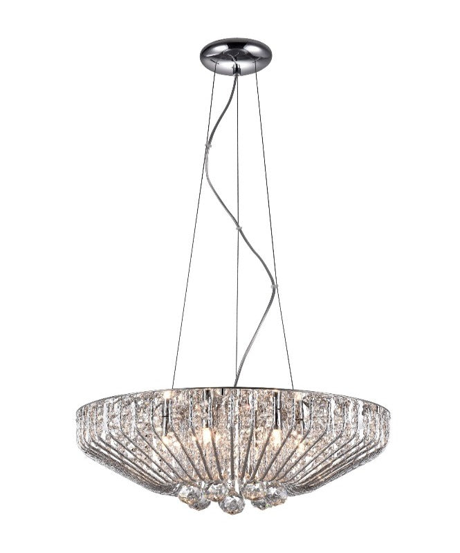 The Carlo 6 light crystal basket pendant in polished chrome is contemporary, stylish and practical. Featuring a polished chrome wire basket filled with crystal decoration, suspended from three wires and chrome ceiling mount, perfect for kitchen islands, entrance lighting, Pendants lighting from lush chandeliers  is contemporary, stylish and practical. Featuring a polished chrome wire basket filled with crystal decoration, suspended from three wires and chrome ceiling mount.